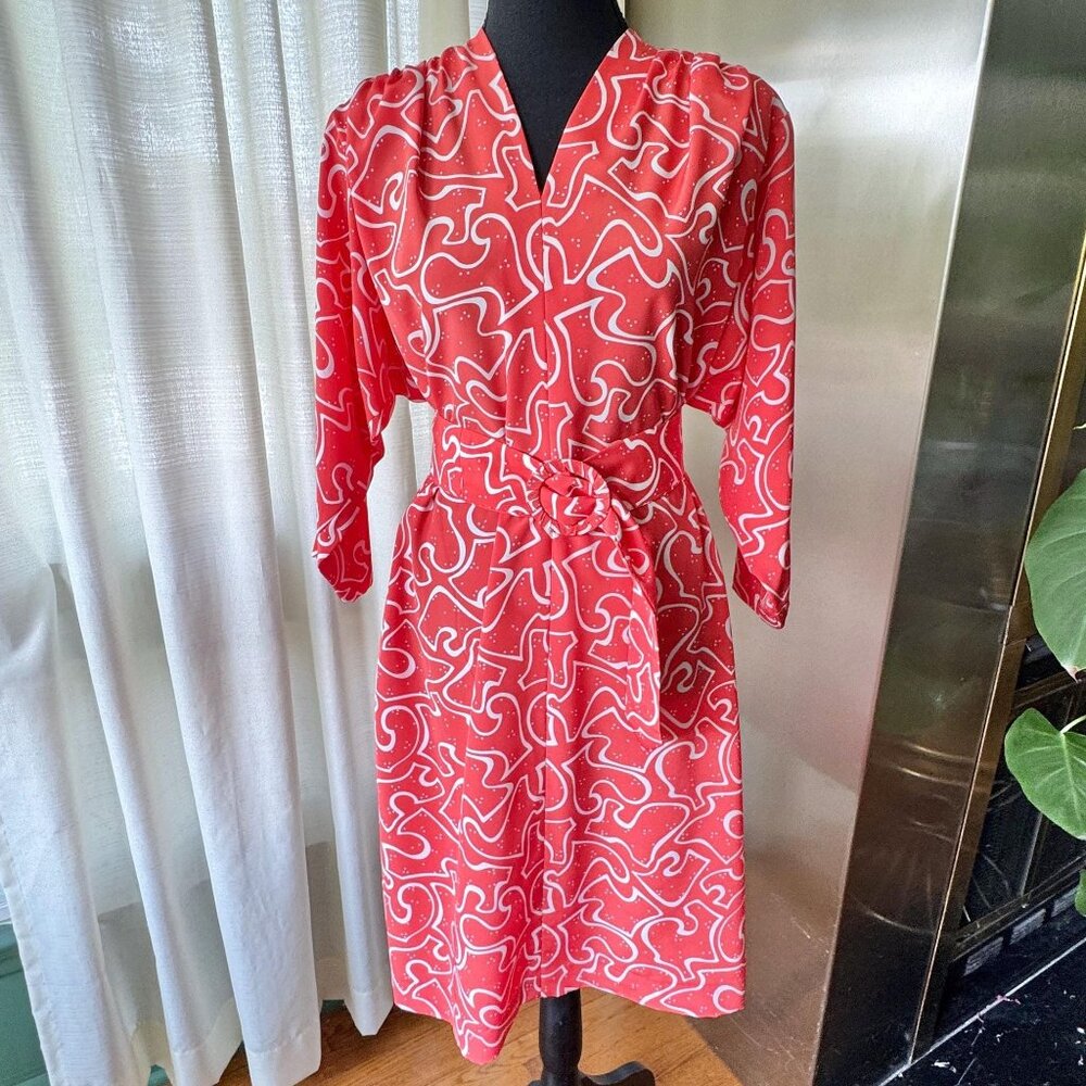 Vintage 80s dress, red white abstract print, faux wrap, dolman sleeves, 2 belts